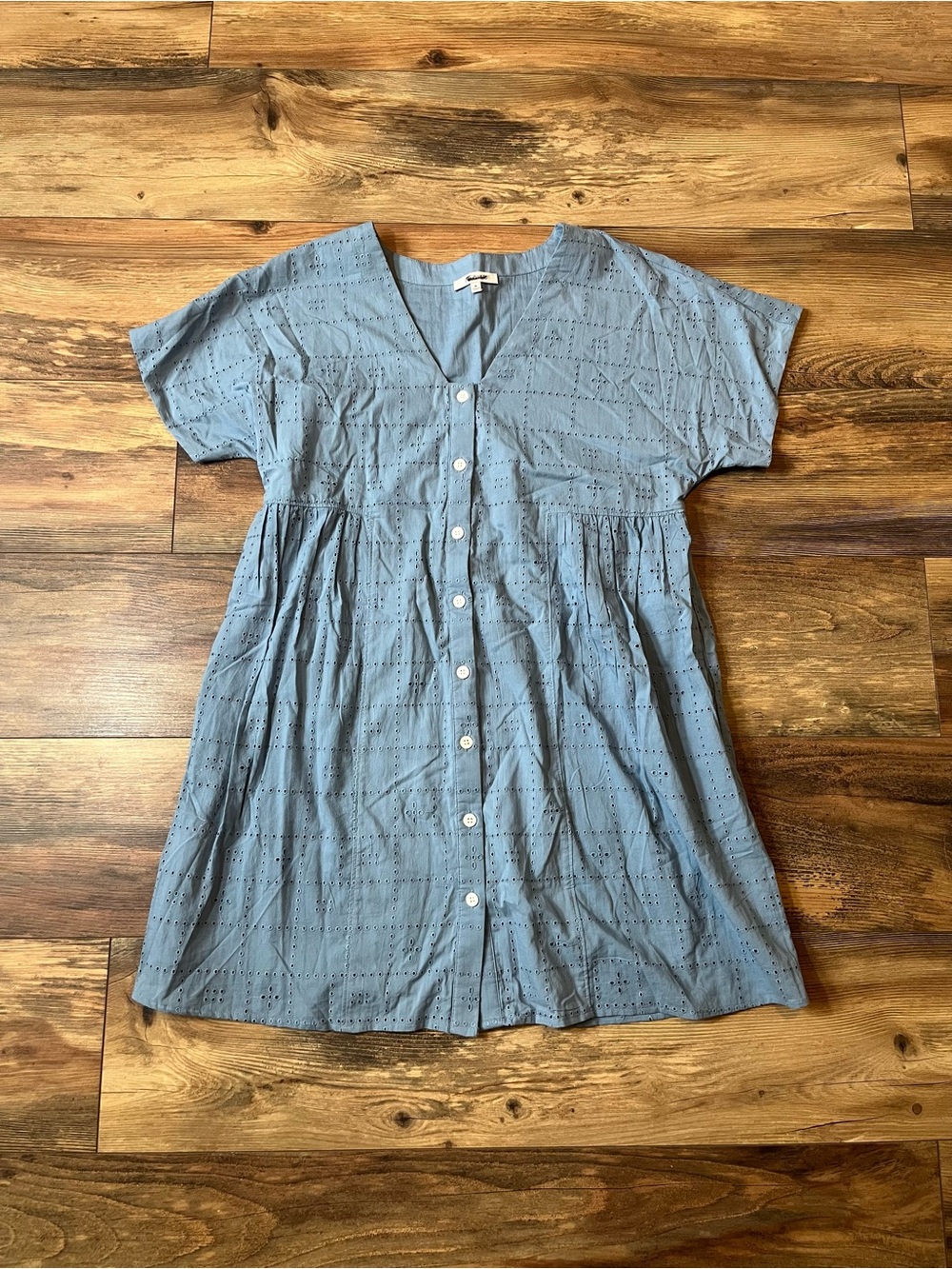 Madewell Womens Medium Blue Eyelet Button Front Mini Dress Cotton Lined